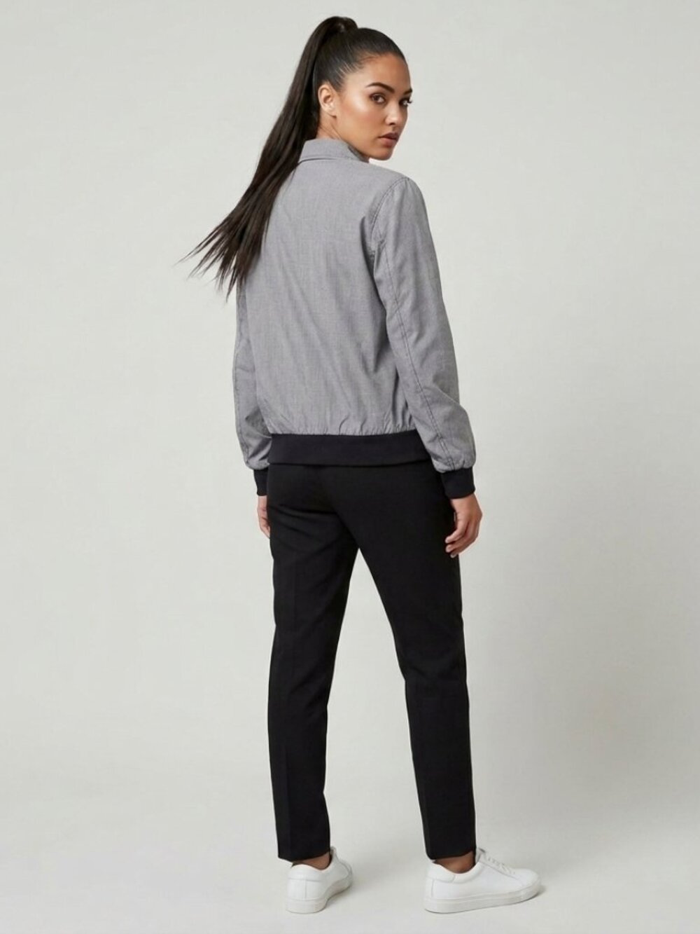 Like New French Connection Women's Micro-Check Bomber Jacket in Black & White